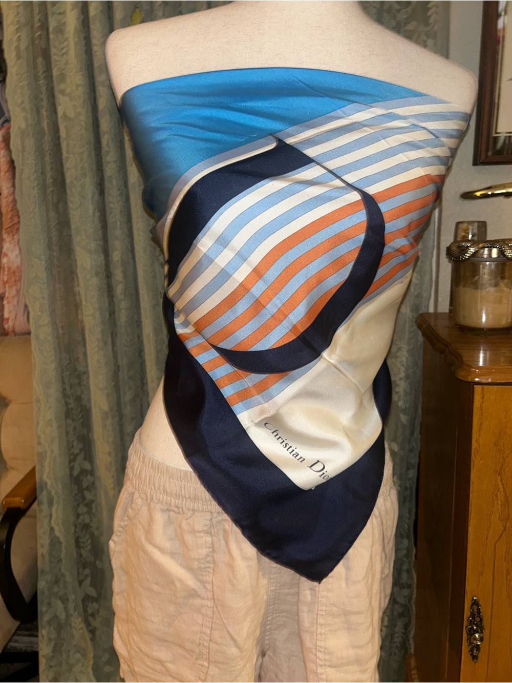 Christian Dior Striped Silk Scarf Top in Blue & Orange